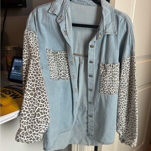Denim Shirt with Leopard Print Sleeves